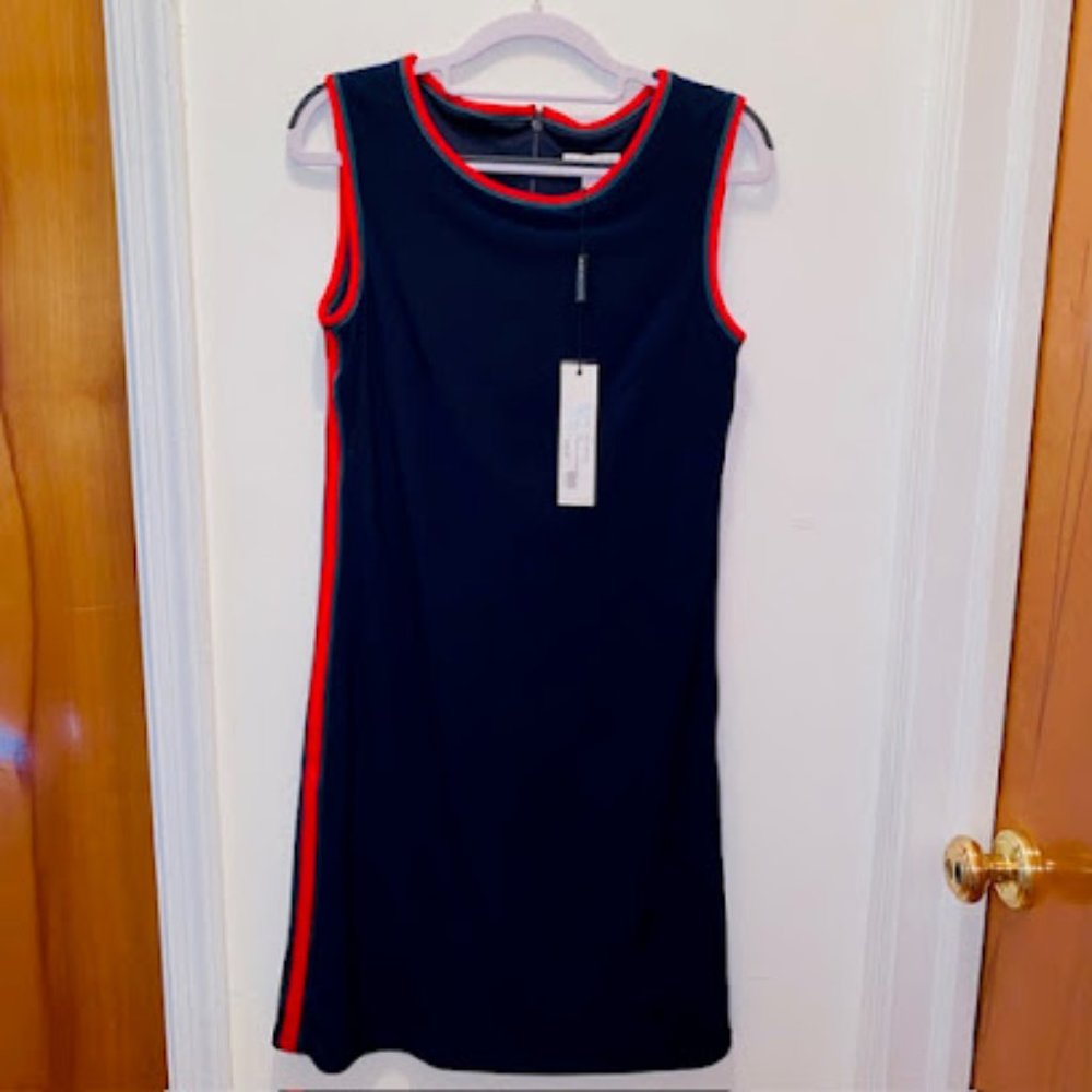 SCAPA by Lauren Perre Size S Sexy Navy Dress with Red and Green Trim NWT